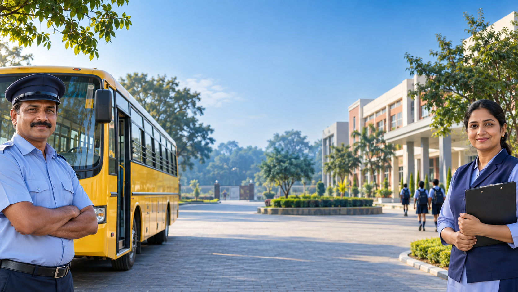 School transport staff beside a school bus and campus